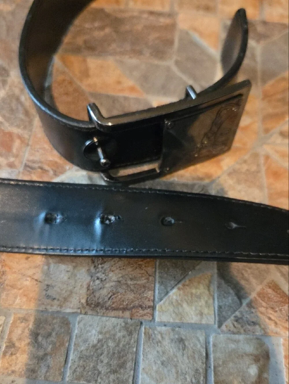 Versace Black Leather MEN'S Belt with Matte Silver Medusa Plate, Size 32 Waist